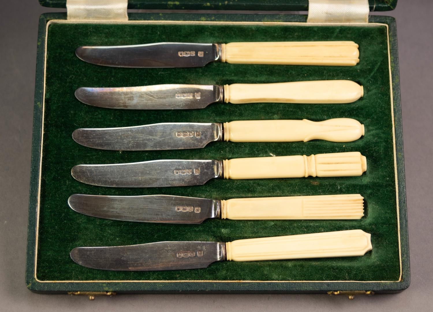 GEORGE VI CASED SET OF SIX AFTERNOON TEA KNIVES WITH SILVER BLADES AND IVORY HANDLES CARVED IN - Image 2 of 2