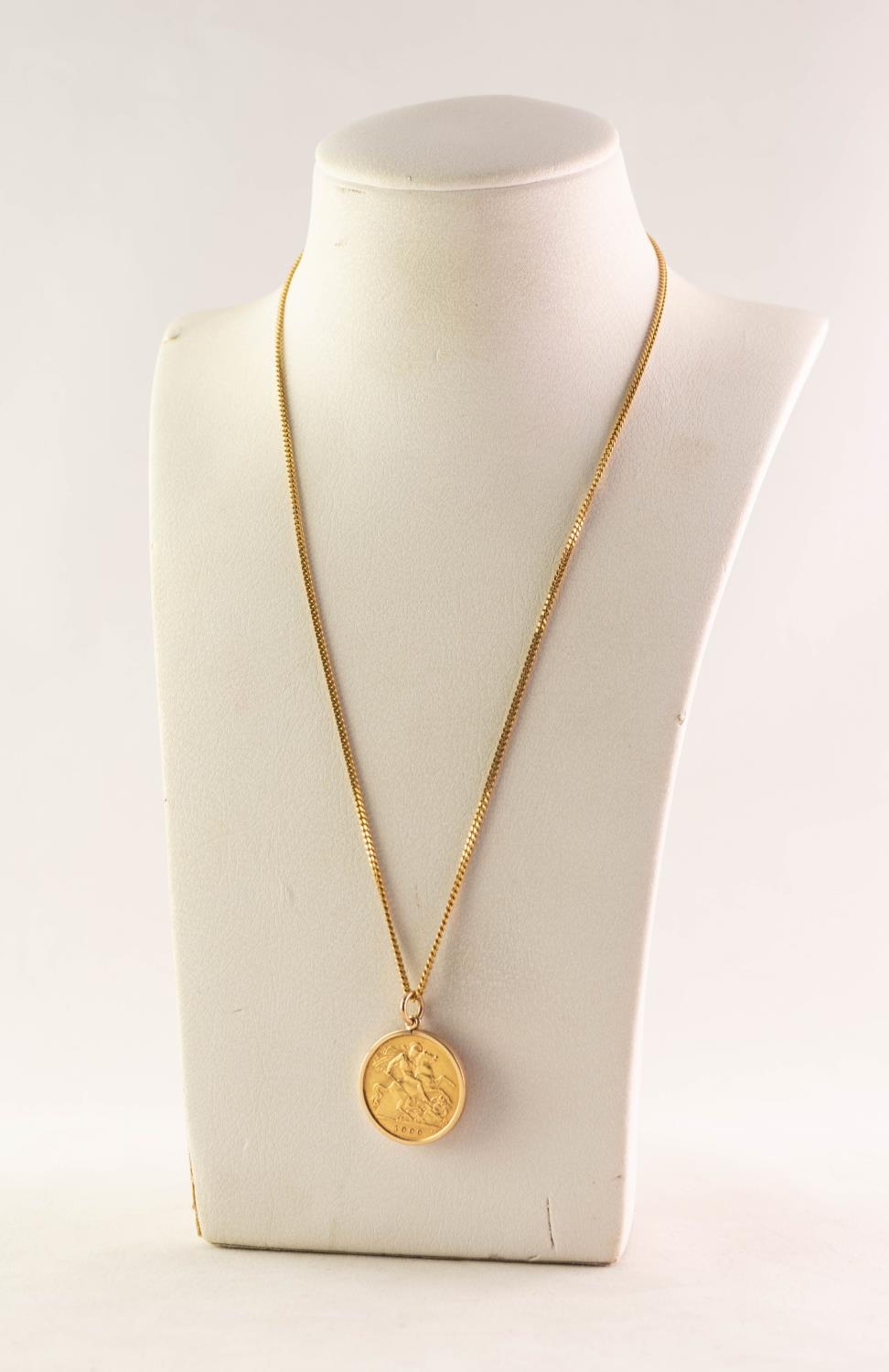 EDWARD VII 1909 GOLD HALF SOVEREIGN, loose framed as a pendant and the 9ct GOLD FINE CHAIN NECKLACE,