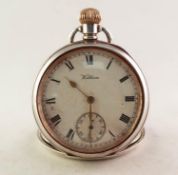 WALTHAM 'TRAVELER' SILVER OPEN FACED POCKET WATCH with keyless movement No 18781454, white roman