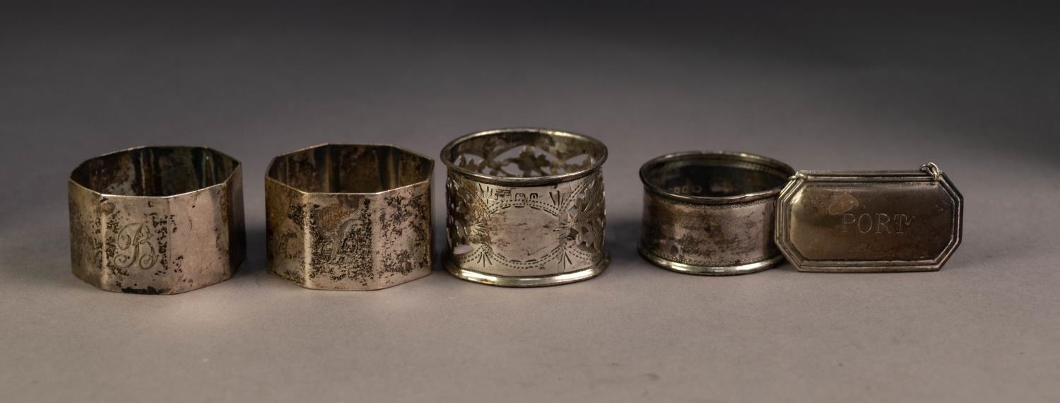 PAIR OF SILVER OCTAGONAL NAPKIN RINGS, London 1945,  TWO OTHER SILVER NAPKIN RINGS and a SILVER '