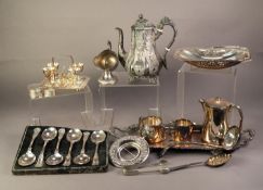 SELECTION OF PLATED ITEMS including an egg cruet stand; a Victorian EPBM coffee pot; Kings Pattern