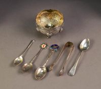 FOUR VARIOUS SMALL SILVER SPOONS; a pair of Old English pattern SILVER SUGAR BOWS, Sheffield 1923,