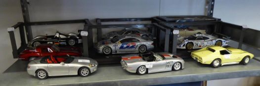 NINE VARIOUS SCALE MODEL CLASSIC AND SPORTS CARS TO INCLUDE; CORVETTE, PORSCHE 911 GTI, MERCEDES