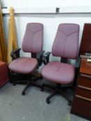 PAIR OF SWIVEL ACTION OFFICE CHAIRS,  WITH HEIGHT ADJUSTABLE OPEN ARMS, TALL BACKS AND FIVE SPUR