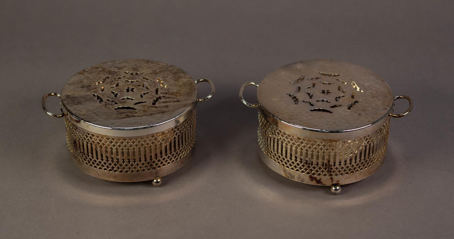 PRE-WAR ELECTROPLATED THREE PIECE TEASET, on oblong stand with fixed carrying handle; a pair of - Image 2 of 3