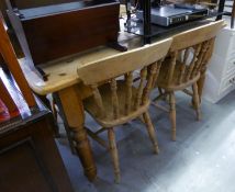 VICTORIAN STYLE PINE KITCHEN TABLE, OBLONG WITH ROUNDED CORNERS AND TURNED SUPPORTS, 2'6" (76.2cm) x