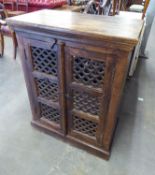MIDDLE EASTERN STYLE SMALL STAINED WOOD CABINET, WITH TWO DOORS WITH LOZENGE PIERCED/LATTICE