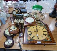 VARIOUS ORNAMENTAL REPRODUCTION CLOCKS AND BAROMETERS IN VARIOUS CASES AND A SMALL DESK LAMP