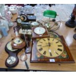 VARIOUS ORNAMENTAL REPRODUCTION CLOCKS AND BAROMETERS IN VARIOUS CASES AND A SMALL DESK LAMP