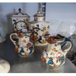 MASONS ?JAVA? PATTERN POTTERY CASED MANTEL CLOCK; MATCHING TEA CADDY AND A PAIR OF MILK JUGS (4)