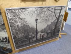 A LARGE BLACK AND WHITE PHOTOGRAPHIC WALL PANEL, 'CANAL, AMSTERDAM' FRAMED, (3'3" X 4'6")