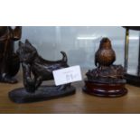 BRONZE SMALL MODEL OF A ROBIN, and a PATINATED COMPOSITION MODELS OF A SCOTTIE DOG with tam o