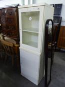 WHITE MELAMINE SMALL MEDICAL STYLE CABINETS WITH GLAZED DOOR ON CUPBOARD BASE BOTH WITH LOOSE SHELF,