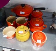 LE CREUSET SAUCE PAN AND LID AND SIX LE CREUSET RED POTTERY ITEMS AND A YELLOW HONEY POT  (8)