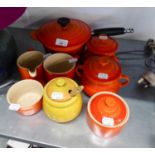 LE CREUSET SAUCE PAN AND LID AND SIX LE CREUSET RED POTTERY ITEMS AND A YELLOW HONEY POT  (8)