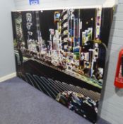 AN OIL CLOTH LARGE WALL HANGING, NEW YORK CITYSCAPE ON BLACK BACKGROUND, 4'7" X 6'6" WIDE