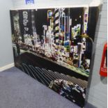 AN OIL CLOTH LARGE WALL HANGING, NEW YORK CITYSCAPE ON BLACK BACKGROUND, 4'7" X 6'6" WIDE