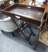 AN OAK BUTLERS TRAY, ON FOLDING STAND