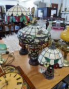 THREE VARIOUS SIZED REPRODUCTION TIFFANY STYLE TABLE LAMPS AND SHADES (3)