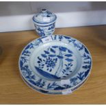 THREE NINETEENTH CENTURY CHINESE NANKIN BLUE AND WHITE PLATES AND A SIMILAR POT AND LID (A.F.)