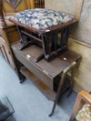 A MAHOGANY SWINGING FOOTSTOOL AND A TWO TIER TEA TROLLEY WITH FALL LEAVES