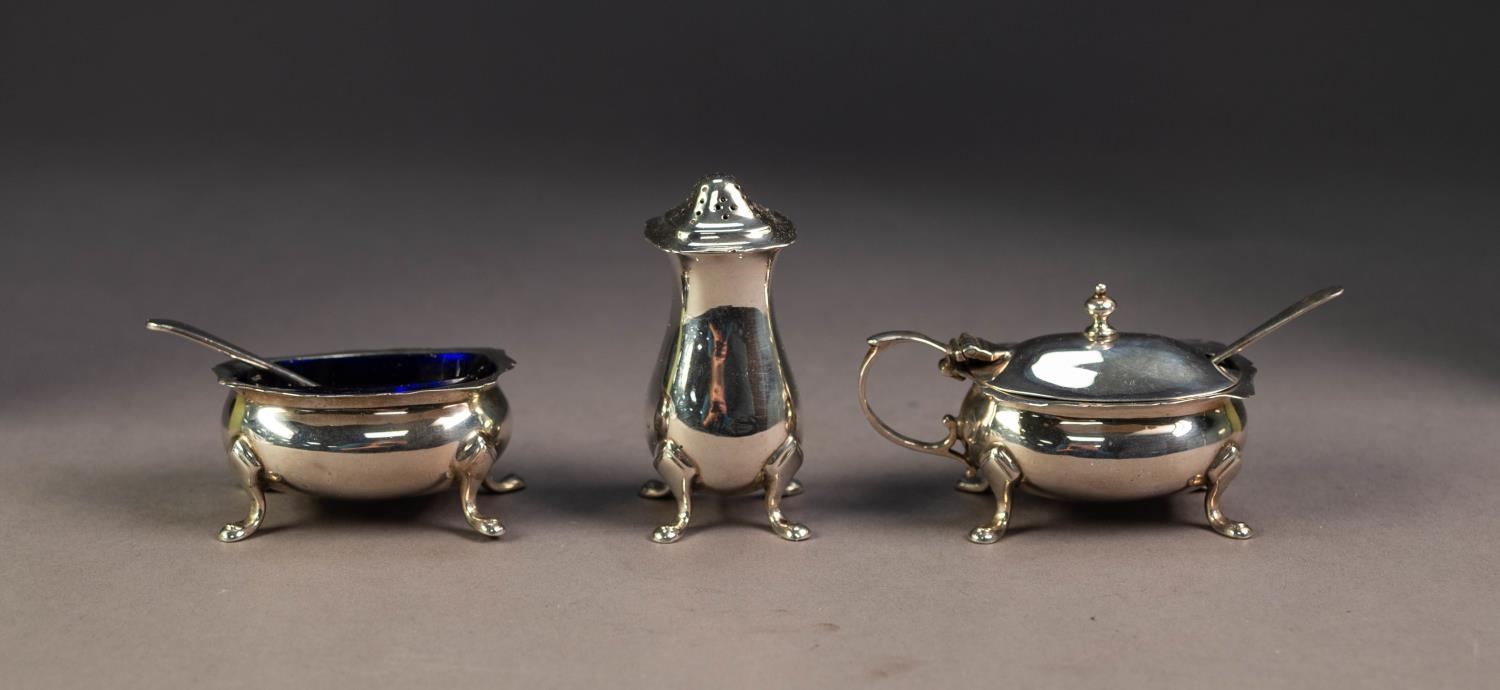 GEORGE V THREE PIECE SILVER CONDIMENT SET, RETAILED BY HANLEY & PIDDUCK, SOUTHPORT, of bellied