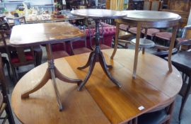 A MAHOGANY REGENCY STYLE OBLONG LAMP TABLE, ON COLUMN AND QUARTETTE SUPPORTS AND ANOTHER, OVAL