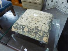 VICTORIAN LOW, SQUARE FOOTSTOOL, WITH UPHOLSTERED TOP, ON BUN FEET