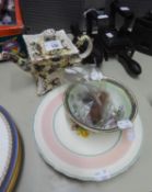 CROWN DORSET, STAFFORSHIRE CHINA 'HAPPY CHRISTMAS' TEAPOT, TWO CHINA DESSERT PLATES AND A BOWL, '