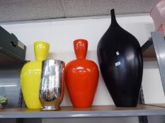 TWO HABITAT PLASTIC LARGE OVULAR VASES, ONE RED, ONE YELLOW, 20 1/2" HIGH, A CYLINDRICAL GLASS
