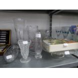 GOOD STUART CUT GLASS AND FLORAL ENGRAVED TAPERED FLOWER VASES; A BOXED SET OF TWO GLASS CORN ON THE