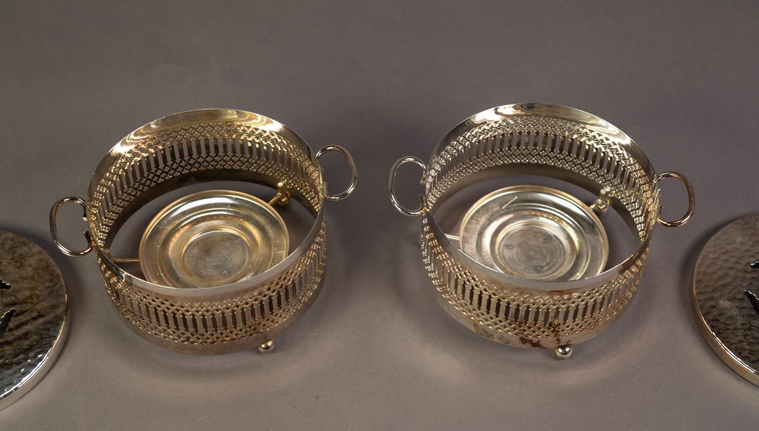 PRE-WAR ELECTROPLATED THREE PIECE TEASET, on oblong stand with fixed carrying handle; a pair of - Image 3 of 3