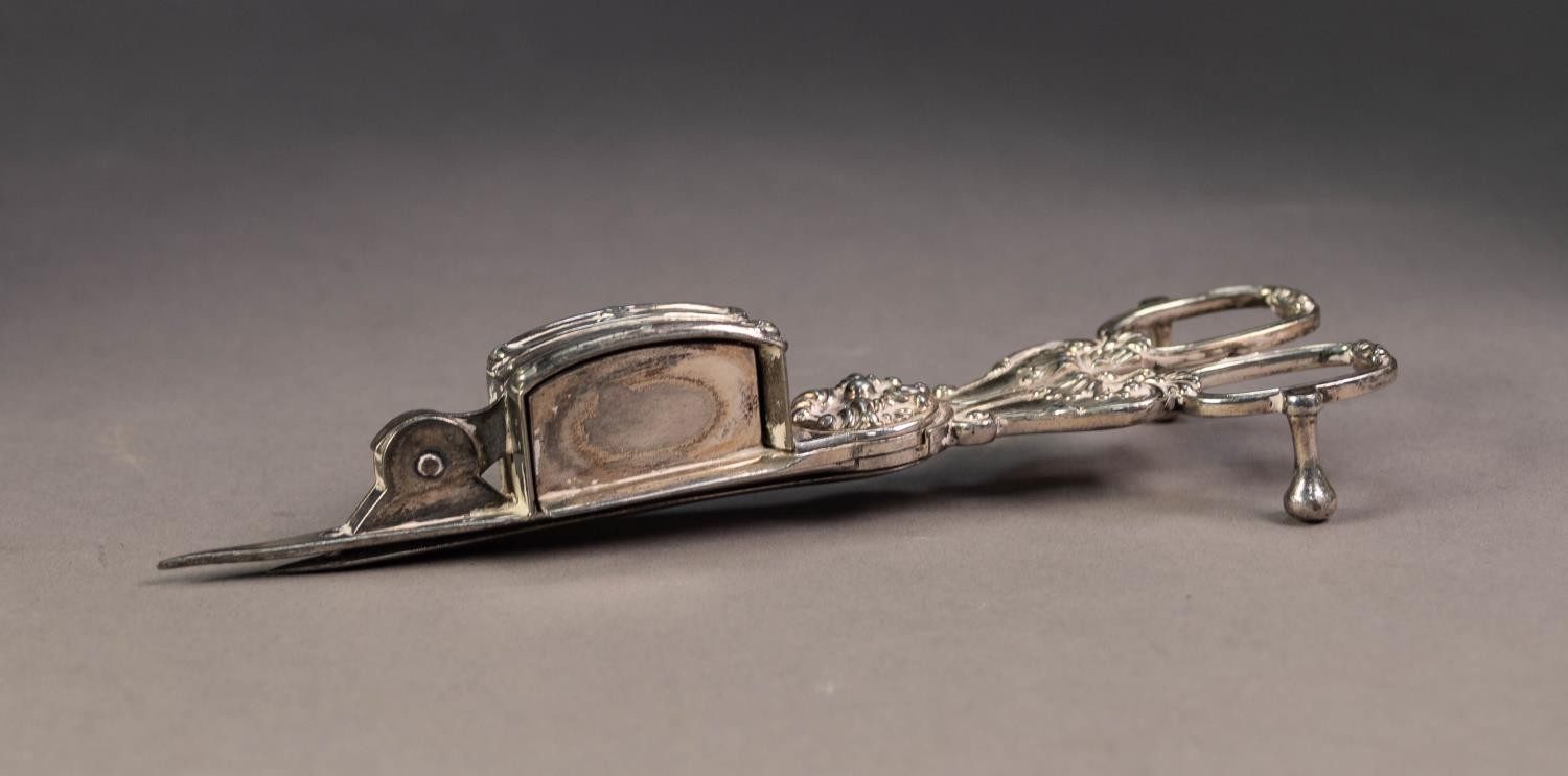 PAIR OF SCISSOR PATTERN ELECTROPLATED CANDLE SNUFFERS WITH SPRING GUILLOTINE ACTION, lacks one of - Image 2 of 2