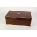 GOOD VICTORIAN BRASS BOUND MAHOGANY PORTABLE WRITING SLOPE, FITTED WITH A BRAMAH LOCK, of typical