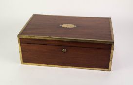 GOOD VICTORIAN BRASS BOUND MAHOGANY PORTABLE WRITING SLOPE, FITTED WITH A BRAMAH LOCK, of typical