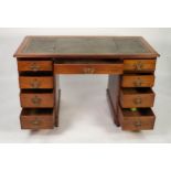 LATE VICTORIAN/ EDWARDIAN MAHOGANY TWIN PEDESTAL DESK, of typical form with gilt tooled green