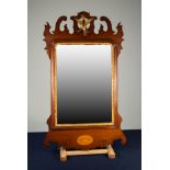 CHIPPENDALE STYLE INLAID MAHOGANY AND PARCEL GILT WALL MIRROR, the bevel edges plate within a