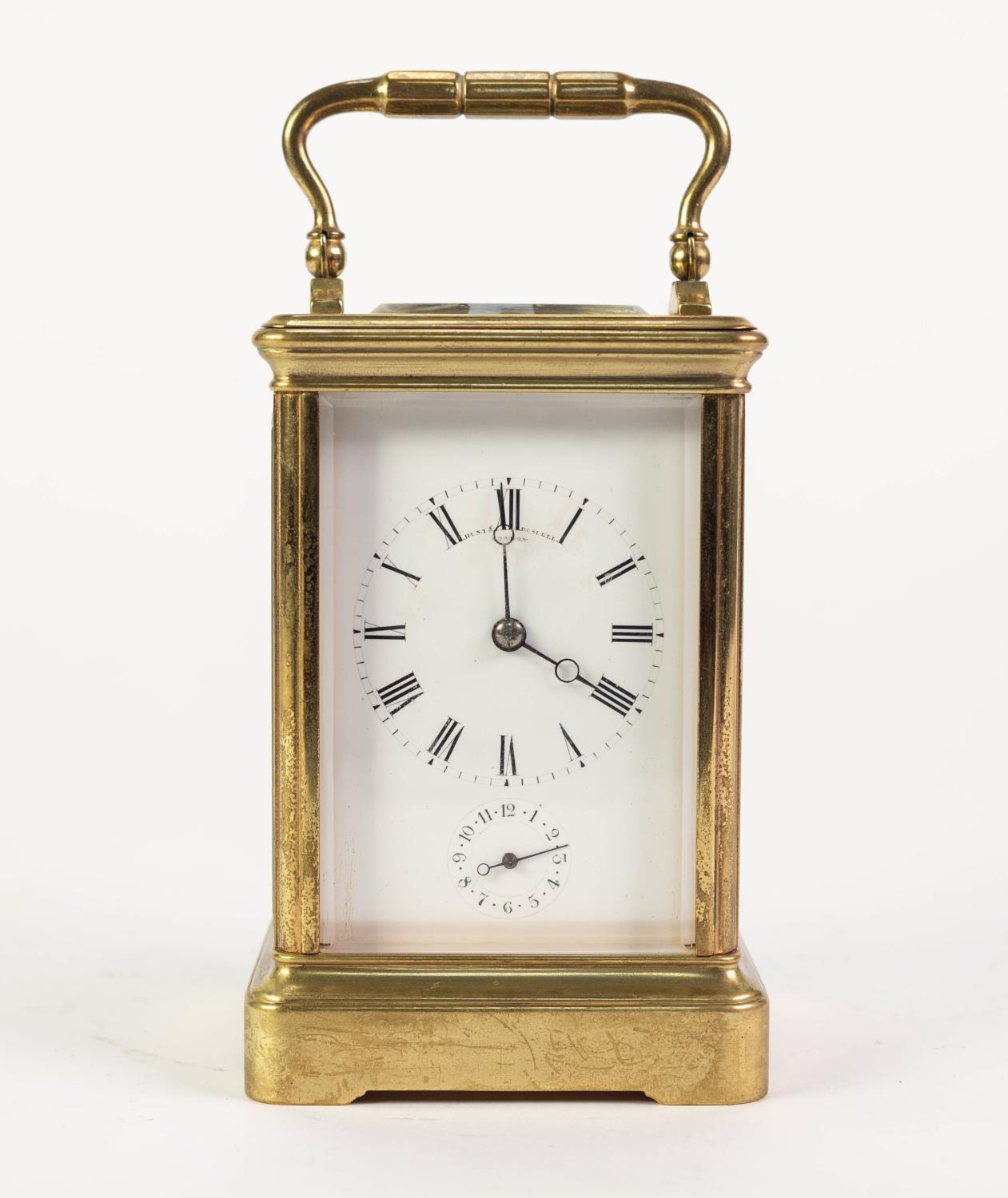 HUNT & ROSKELL, LONDON, LATE NINETEENTH CENTURY GILT BRASS STRIKING CARRIAGE CLOCK WITH ALARM - Image 2 of 4