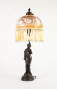 MODERN BRONZE EFFECT COMPOSITION FIGURAL TABLE LAMP, modelled as a female figure beneath a an Art
