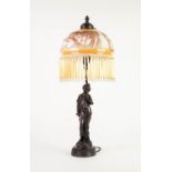 MODERN BRONZE EFFECT COMPOSITION FIGURAL TABLE LAMP, modelled as a female figure beneath a an Art