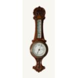 EARLY TWENTIETH CENTURY CARVED MAHOGANY CASED SMALL ANEROID BANJO BAROMETER, the 4 ½? dial set