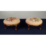 PAIR OF VICTORIAN TABOURET FOOTSTOLS, each of typical form with cream and floral needlework covers