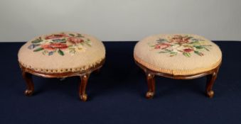 PAIR OF VICTORIAN TABOURET FOOTSTOLS, each of typical form with cream and floral needlework covers