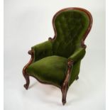 VICTORIAN CARVED MAHOGANY GENTLEMAN?S CHAIR, the buttoned and waisted outlined with a moulded