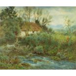 TOM CLOUGH (1867-1943)  WATERCOLOUR A thatched cottage beside a stream signed lower left  19 3/4"