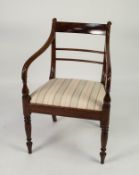 GEORGIAN MAHOGANY CARVER ARMCHAIR, the bar back above a pair of downswept arms with turned supports,