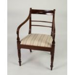 GEORGIAN MAHOGANY CARVER ARMCHAIR, the bar back above a pair of downswept arms with turned supports,