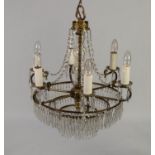 TWENTIETH CENTURY GILT METAL AND CUT GLASS SIX BRANCH ELECTROLIER, with waterfall lower section, 26?