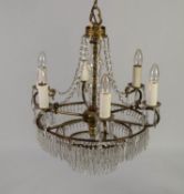 TWENTIETH CENTURY GILT METAL AND CUT GLASS SIX BRANCH ELECTROLIER, with waterfall lower section, 26?