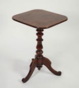 VICTORIAN MAHOGANY TRIPOD OCCASIONAL TABLE, the square tilt top above a turned column and three